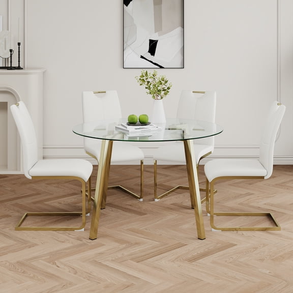 Modern Glass Round Dining Table Set (Seats 4) | Elegant Transparent Top, White PU Chairs with Gold Legs | Minimalist Kitchen & Restaurant Furniture | Easy Assembly | 5-Piece Set