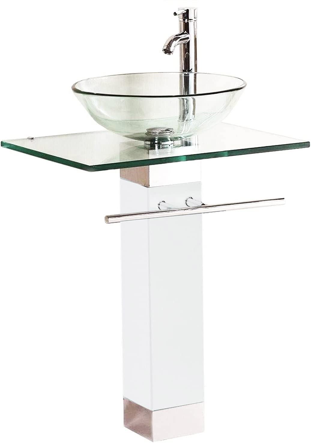 Modern Glass Sink Pedestal, Clear Vanity Combo with Vessel Sink, Wood