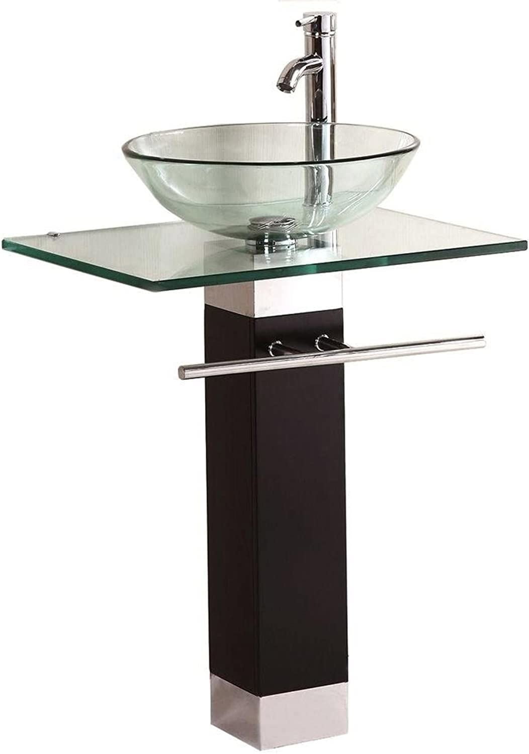 Stylish Bathroom Vanity Combo Modern Glass Sink, Wood Pedestal, Faucet