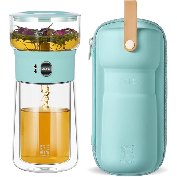 Modern Glass Tea Infuser Teapot with One-Touch Pouring Valve, 9 oz, Blue