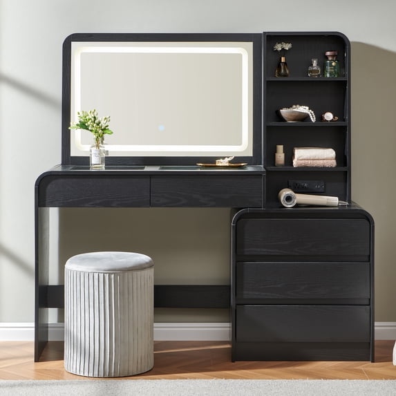 Modern Glass Top Vanity Desk with LED Mirror and Touch Switch, Makeup Vanity Table with Storage Drawers, Bedroom Dressing Table with Cruved Design
