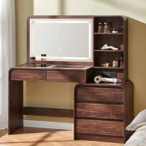 Modern Glass Top Vanity Desk with LED Mirror and Touch Switch, Makeup Vanity Table with Storage Drawers, Bedroom Dressing Table with Cruved Design