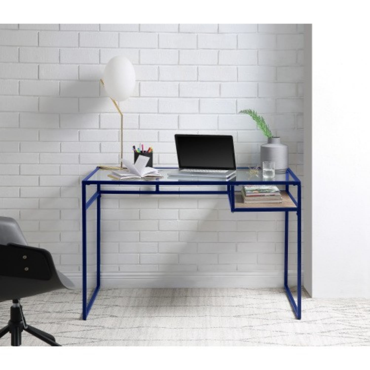 Modern Glass Top Writing Desk with Metal Frame, Blue Home Office Computer Desk with Open Shelf for Study Bedroom Workspace