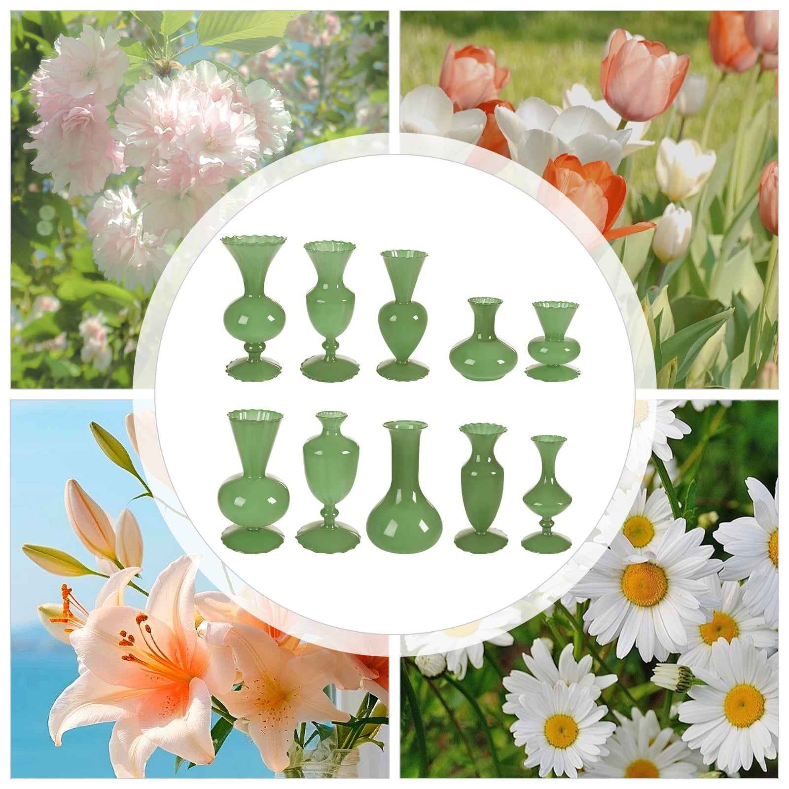Modern Glass Vase Set, 10 Assorted Green Vases 3.74-8.66in Tall, Stable ...