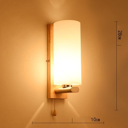 Modern Glass Wooden Wall Lamp Bedroom Sconces Light Fixture Decor &Pull Switch