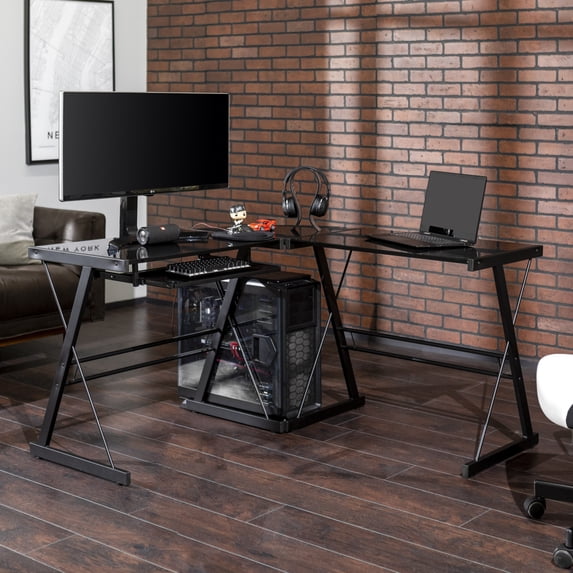 Modern Glass and Metal L-Shaped Corner Computer Desk by Manor Park