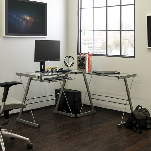 Modern Glass and Metal Silver LShaped Corner Computer Desk by Manor Park