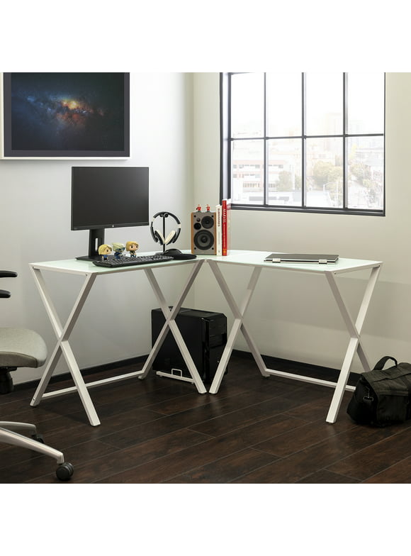Modern Glass and Metal X-Framed White L-Shaped Corner Computer Desk by Manor Park