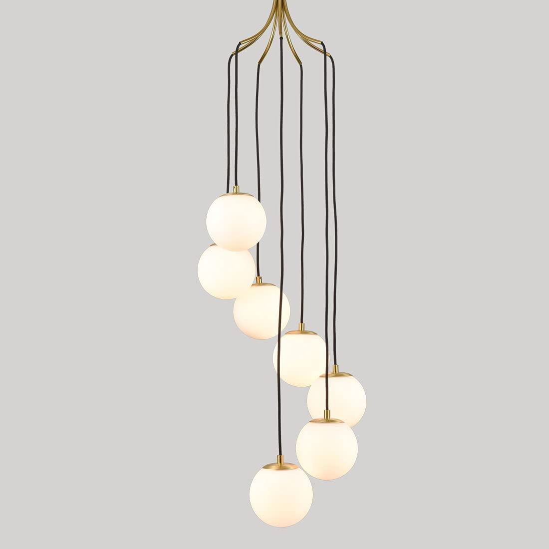 Mid-Century Modern Gold Brass 7-Light Globe Pendant Chandelier