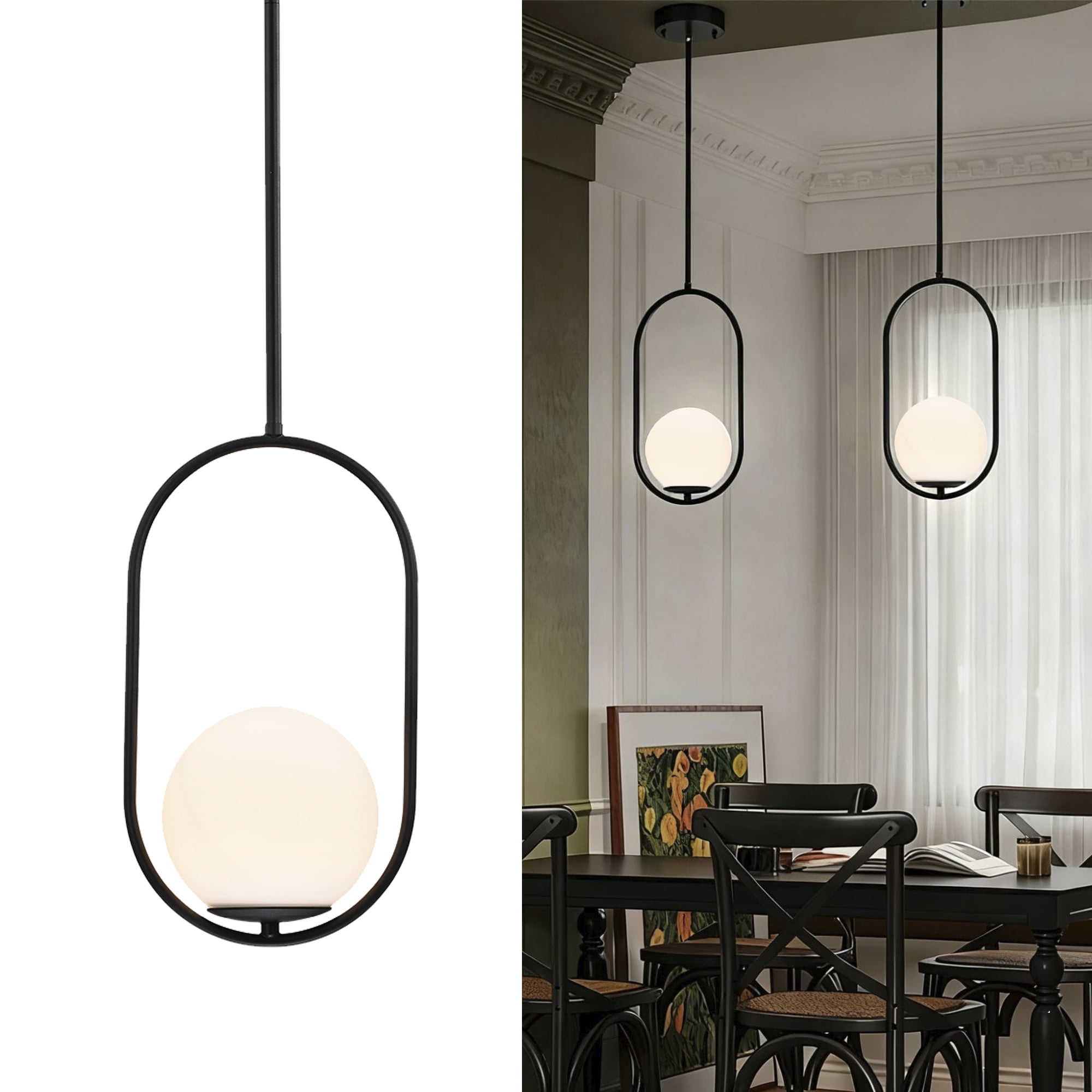 Black Globe Pendant Light with 5.9'' Glass Shade Hanging Ceiling Light for Kitchen Island, Dining Room , Entryway