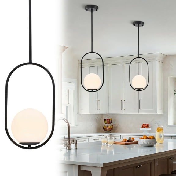 Black Globe Pendant Light with 5.9'' Glass Shade Hanging Ceiling Light for Kitchen Island, Dining Room & Entryway