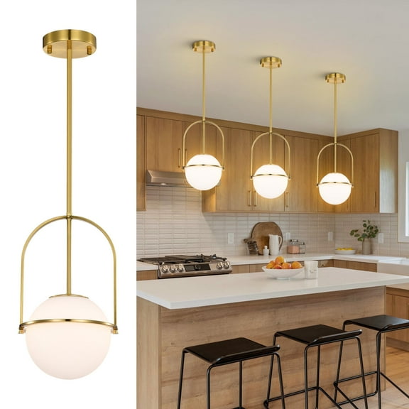 Modern Gold Pendant Light Fixtures With 7.1" Milk Glass Globe Pendant Lighting For Kitchen Island Hallway Entryway Closet Bedroom