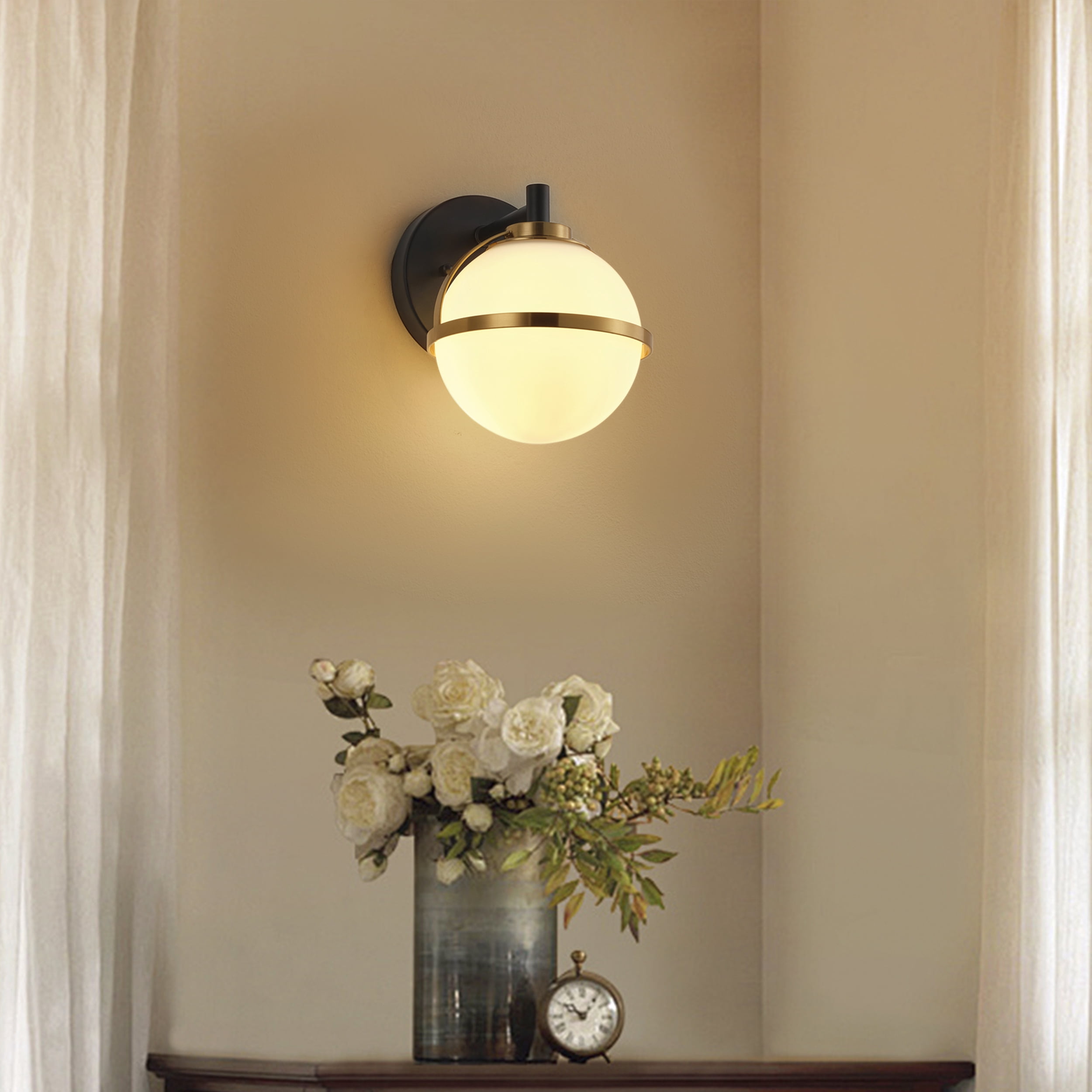 Modern Globe Wall Sconce with Frosted Glass Shade,  Black & Brass Bathroom Vanity Light for Hallway, Bedroom,, Porch (E12 Base,)