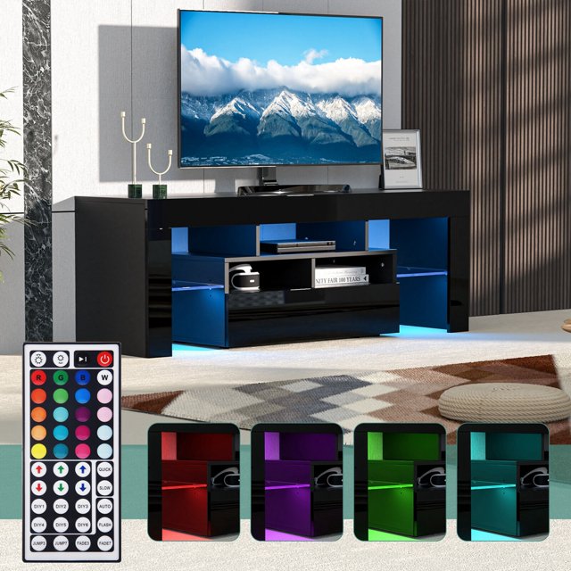 Modern Glossy TV Stand LED Entertainment Unit Console Media Table for