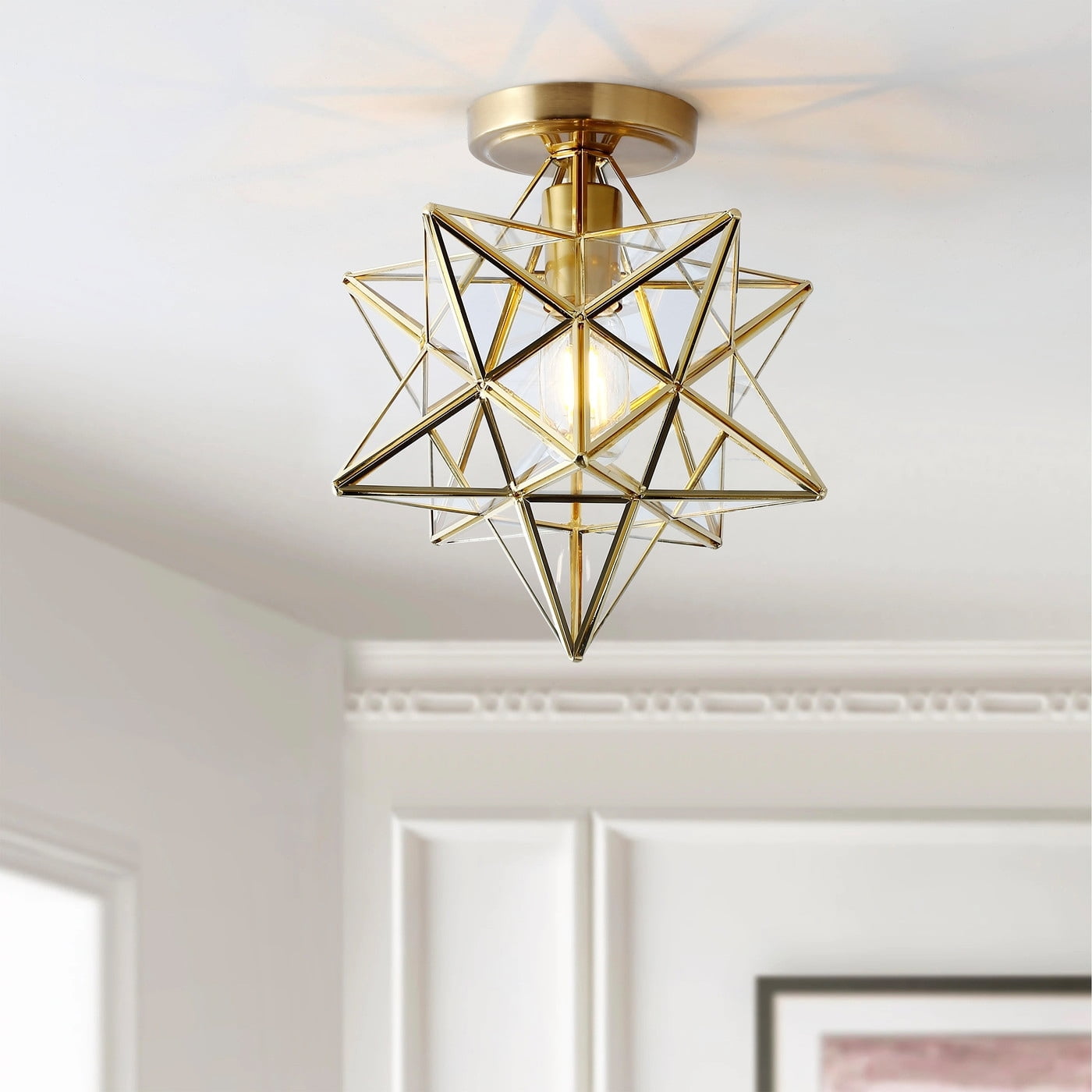 Brass Moravian Star Flush Mount Ceiling Light with Clear Glass