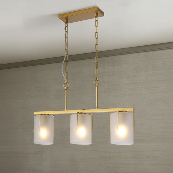 Modern Gold 3-Light Linear Chandelier, E26 Base, Adjustable Height Pendant, Milky White Frosted Glass Shades, Industrial Kitchen Island Lighting, for Dining Room, Hallway, Entryway