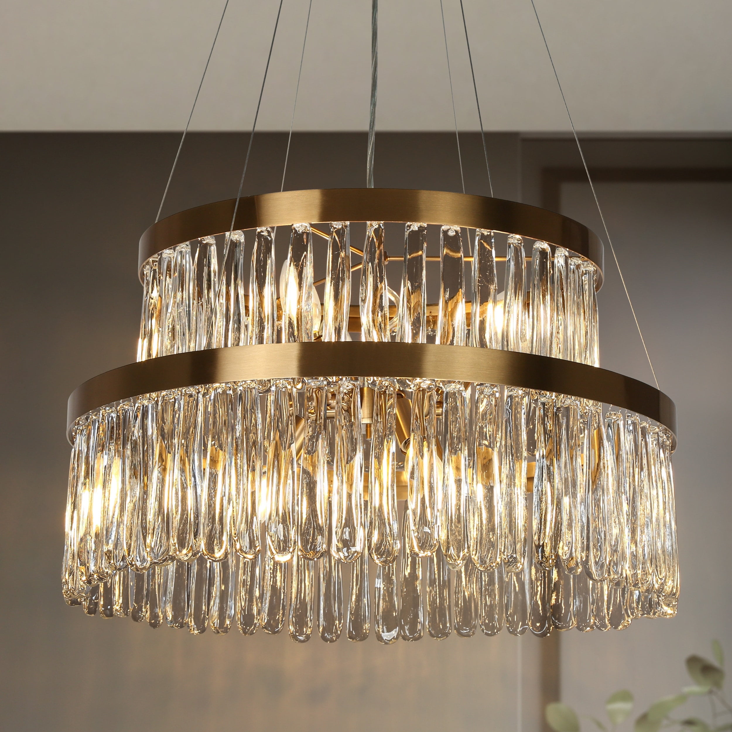 Luxurious Brass 2-Tier Crystal Drum Chandelier