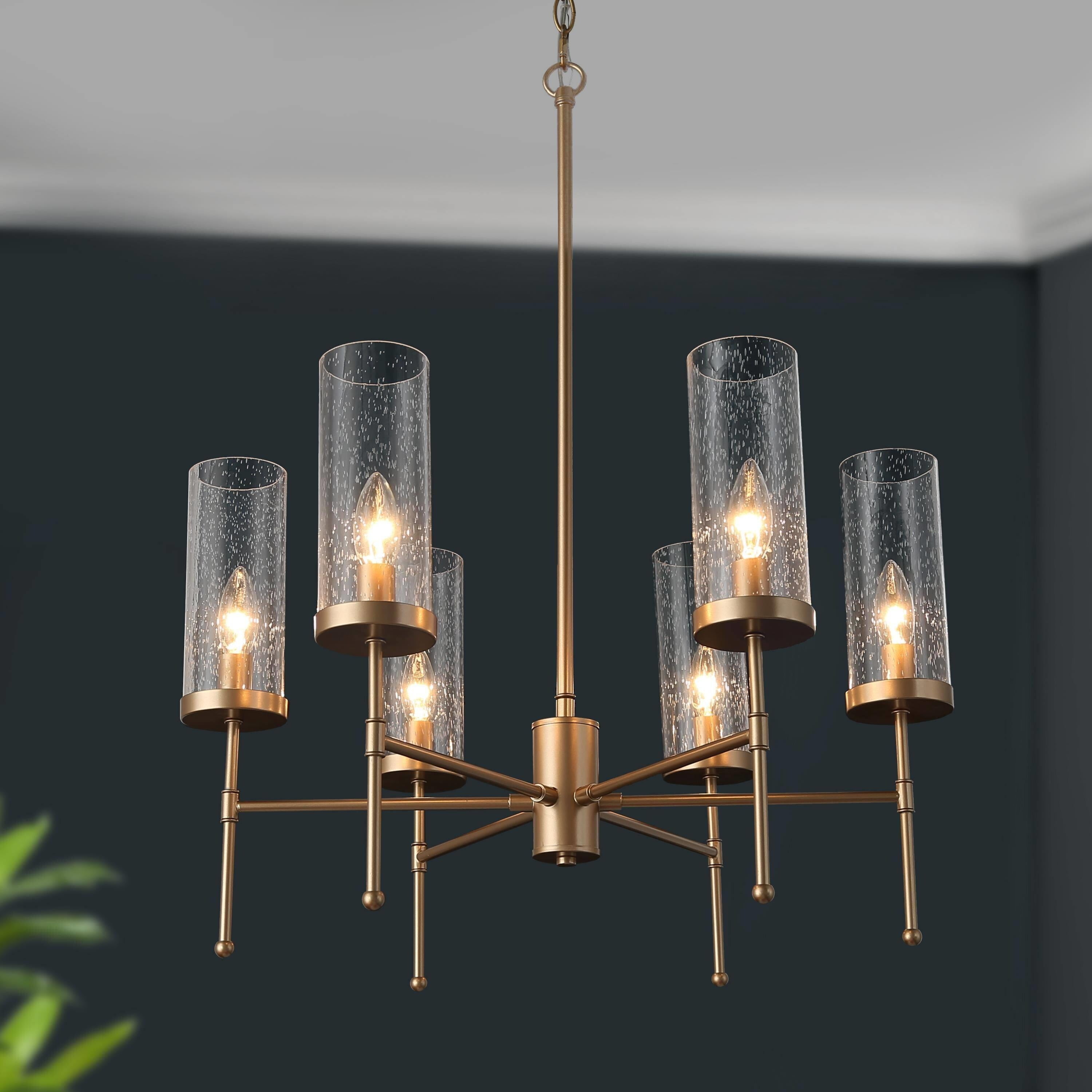 Gold 6-Light Wagon Wheel Chandelier with Seeded Glass Shades