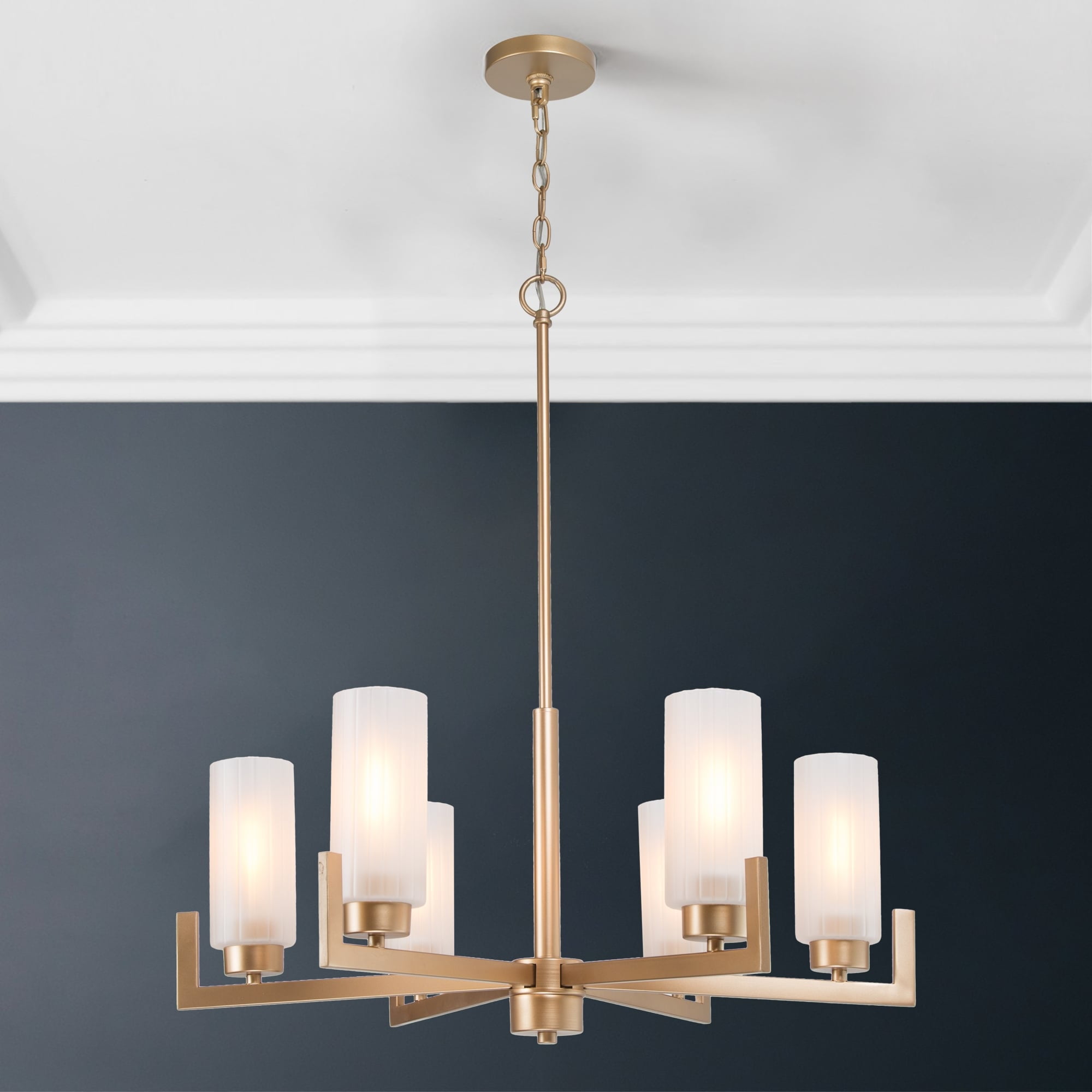 Modern Gold 6-Light Wagon Wheel Chandelier with Frosted Glass Shades