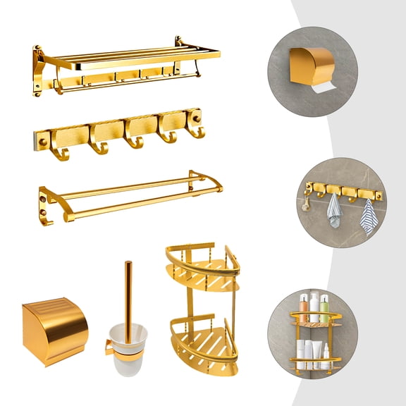 Modern Gold Bathroom Accessory Set - 6 Pieces Wall Mounted Space Aluminum - Multi Functional Rack Tower Bar Toilet Roll Holder Corner Shelf for Home Hotel