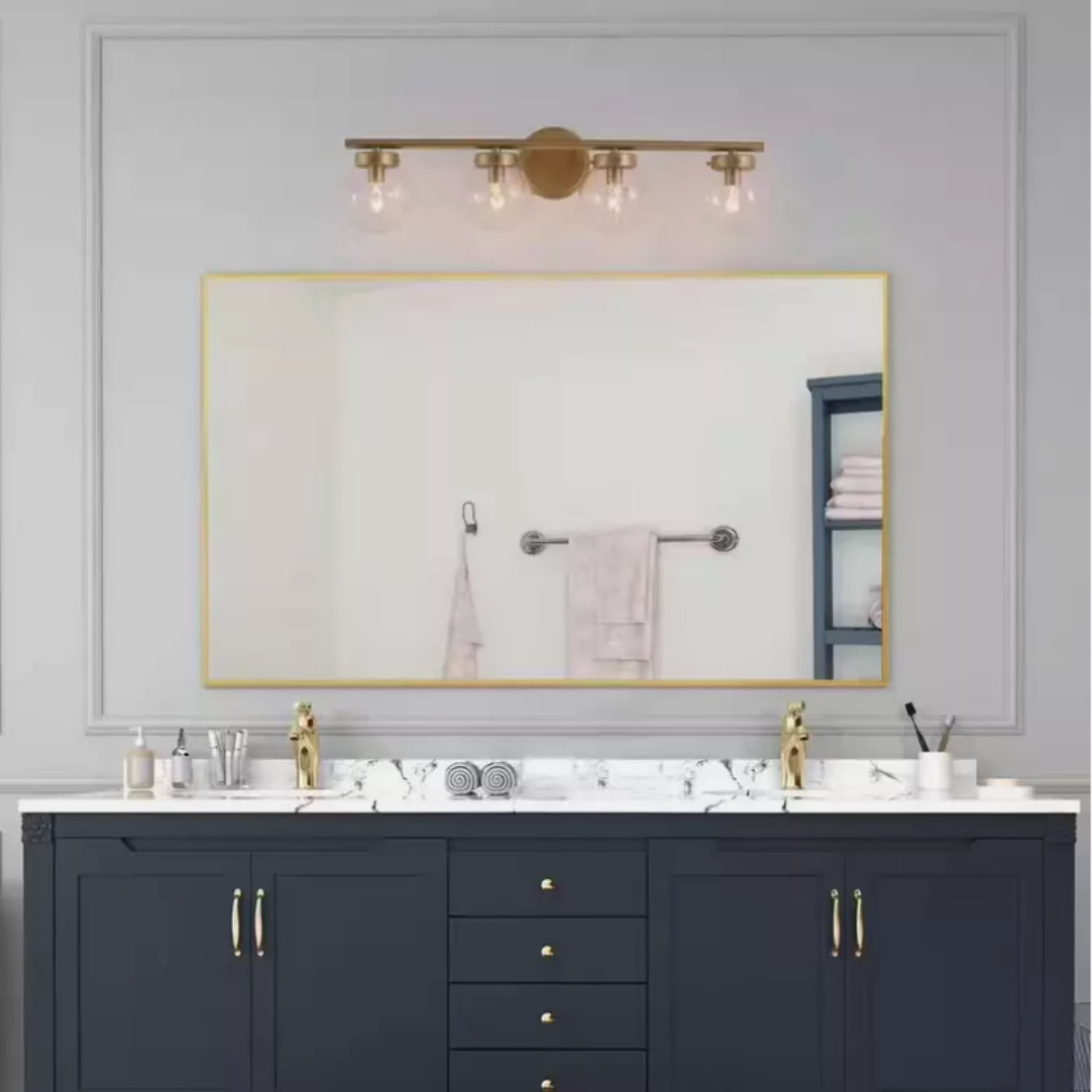 Uolfin Farmhouse Gold Bathroom Vanity Light, 28 in. 4-Light Wall Sconce Light with Clear Glass Shades
