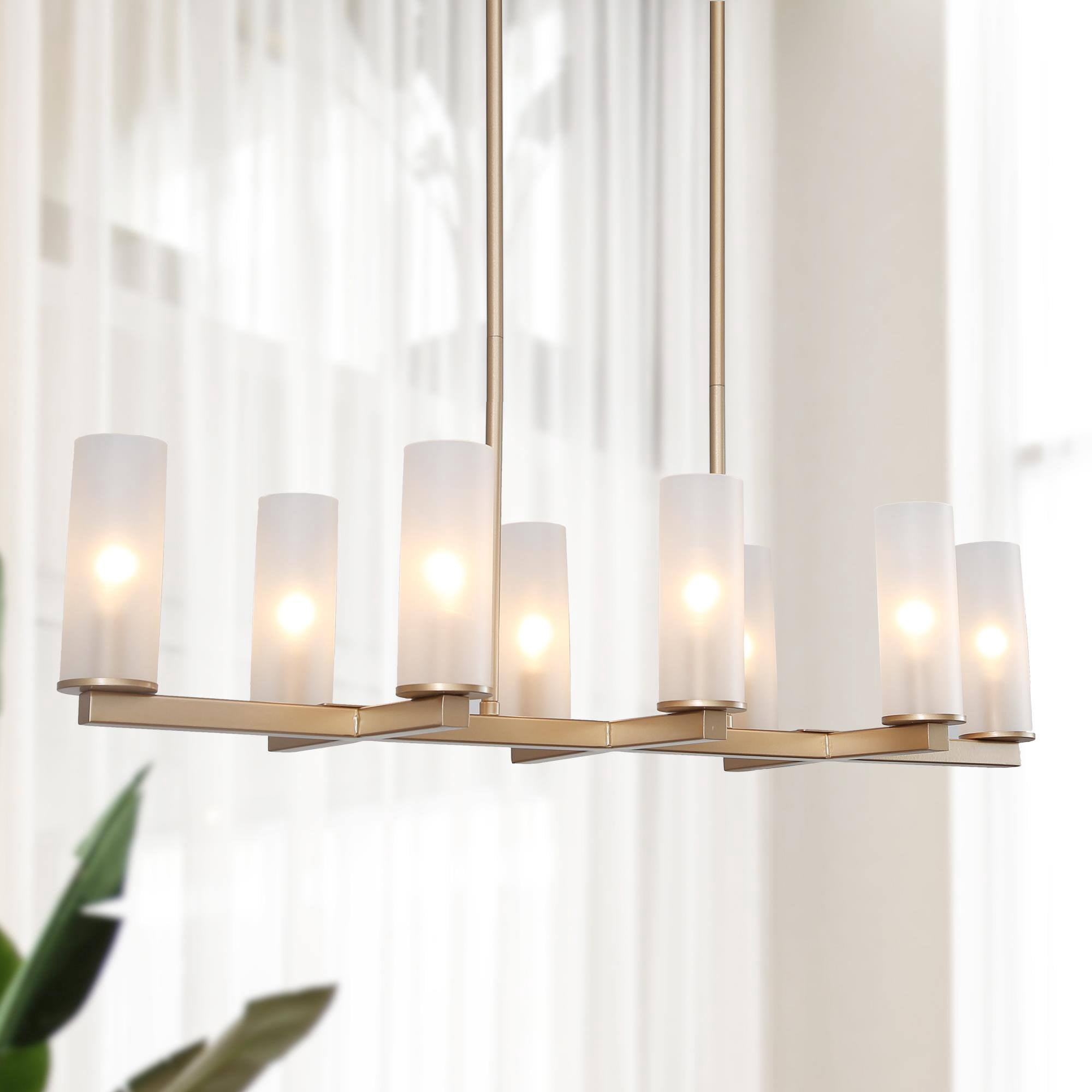 LNC Charm 8 -Light 32.5''L Matte Gold Modern/contemporary Frosted glass Linear Large Hanging Kitchen Island Light