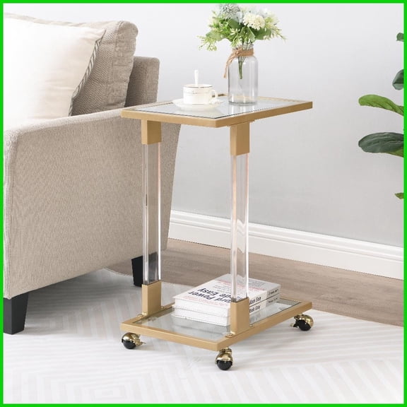 Gold C-Shape Tempered Glass Coffee Table Mobile with Lockable Casters, Easy-Clean for Home & Office