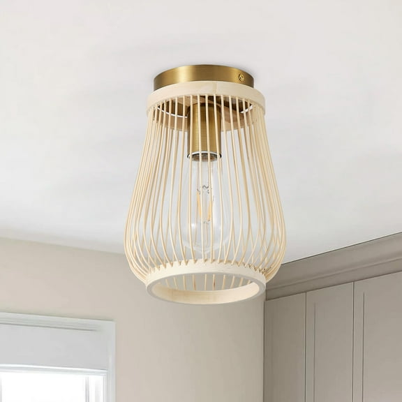 Modern Gold Caged Semi Flush Mount Ceiling Light, Vintage Boho Farmhouse Natural Bamboo Ceiling Light Fixture for Hallway Bedroom Kitchen Foyer