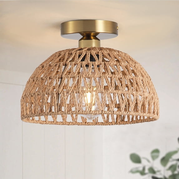 Modern Gold Ceiling Light, Rustic Boho Cage Semi Flush Mount Ceiling Light, Coastal Light Fixture for Bedroom Dining Room Kitchen Foyer Hallway