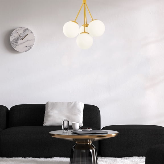 Modern Gold Chandelier, 22.4 in Diameter x 25.9 in Height | Metal Body with Glass Cap, 4 x E27 Sockets (Max 40W) | Elegant Scandinavian Design for Living Room & Dining Room, IP20 Rated for Indoor Use