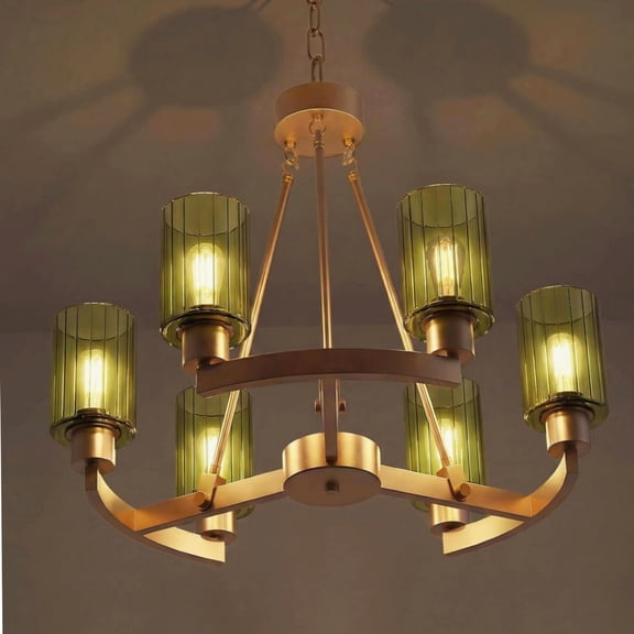 Modern Gold Chandelier, 6 Light Olive Green Fluted Glass, 24 Inch Ceiling Fixture for Dining Room, Warm Glow