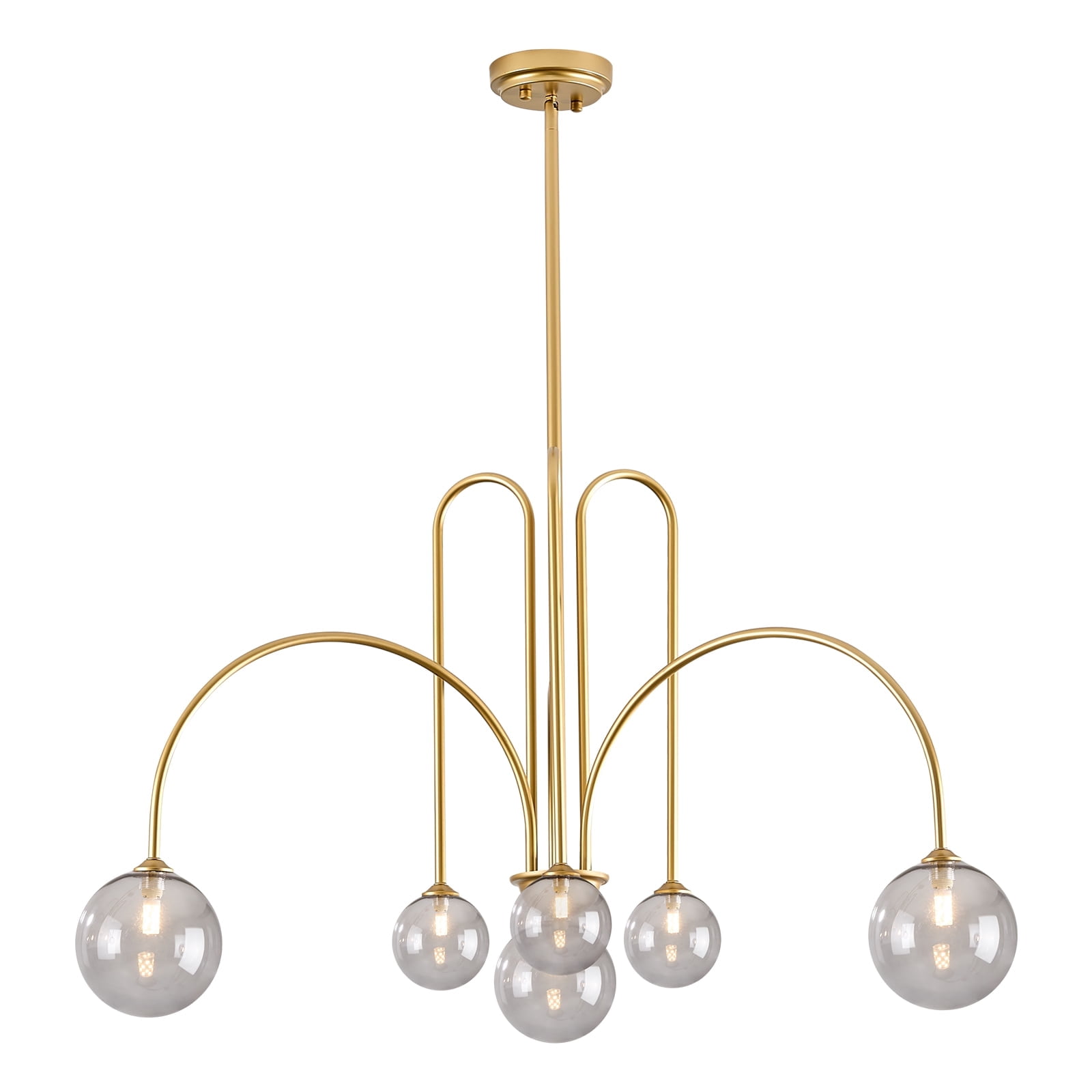 Modern Gold Chandelier, 6 Lights Sputnik Chandeliers Large L40”Mid Century Ceiling Pendant Light Fixtures with Smoke Glass Globe Shades for Living Dining Room Foyer Bedroom