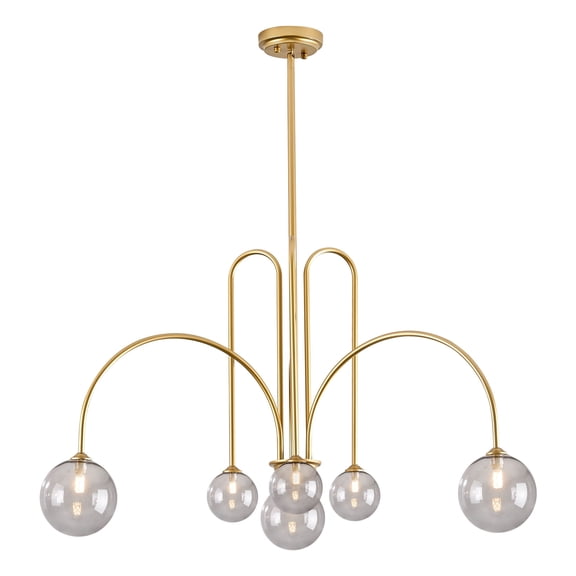 Modern Gold Chandelier, 6 Lights Sputnik Chandeliers Large L40”Mid Century Ceiling Pendant Light Fixtures with Smoke Glass Globe Shades for Living Dining Room Foyer Bedroom