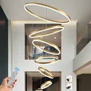 Modern Gold Chandelier 6 Ring Chandelier ,Luxury Large High Ceiling Chandelier Dimmable with Remote Controller, Modern High Ceiling Chandelier for Foyer,Entryway,Staircase,Multi-Shapes Changeable