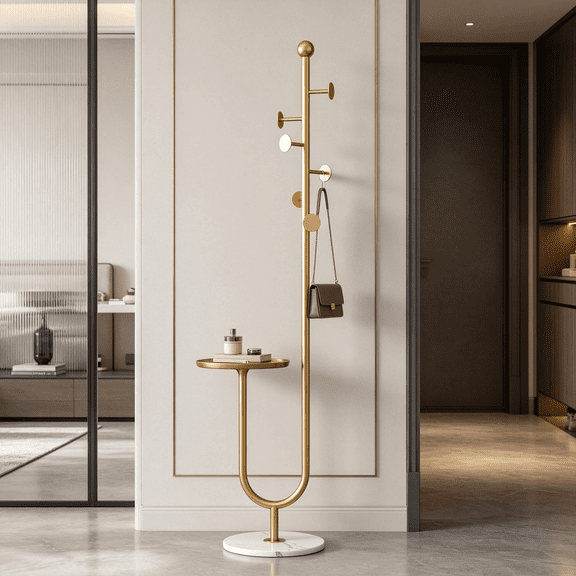 Modern Gold Coat Rack with Marble Base, Entryway Hall Tree with Small Round Tray and Hooks, Freestanding Metal Coat Hanger Stand for Clothes, Bags, Hats