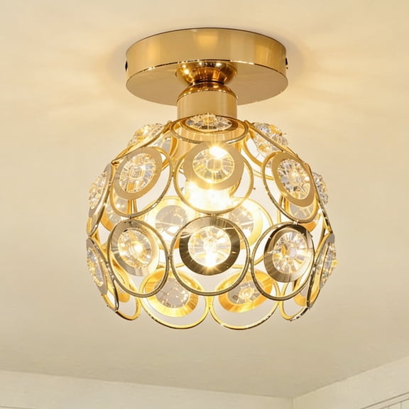 Modern Gold Crystal Flush Mount Ceiling Light, 18cm Spherical Chandelier for Kitchen/Corridor, E26 Base (Bulb Not Included)