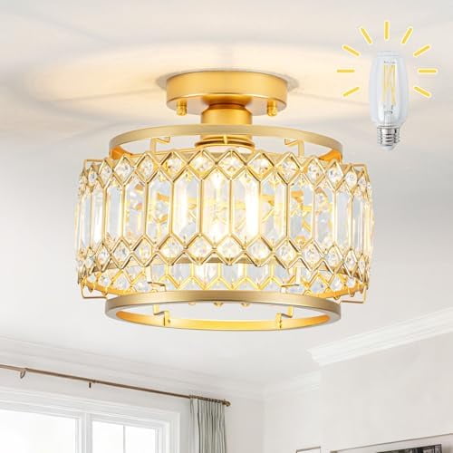 Modern Gold Crystal Flush Mount Ceiling Light with LED Bulb (50% Brighter) 11.4" Dimmable Chandelier for Dining Room, Bedroom Reinforced Iron Frame & K9 Crystals Easy Install