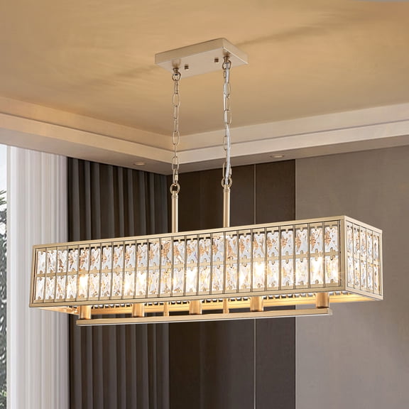 Modern Gold Crystal Rectangular Chandelier,5-Light Chandelier for Kitchen Island