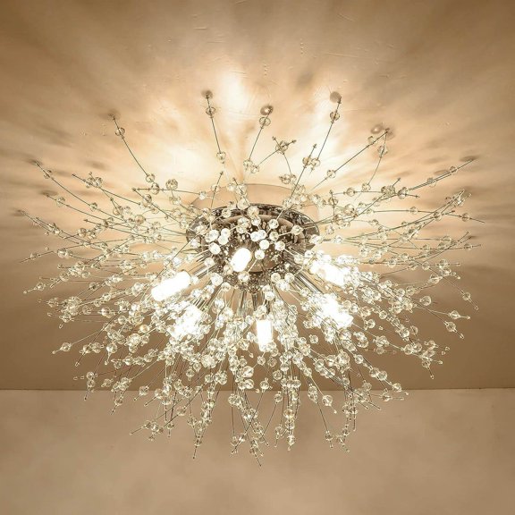 Modern Gold Crystal Sputnik Flush Mount Ceiling Light, LED Ceiling Lighting Fixtures for Bedroom Kitchen Island Hallway Entryway, Firework Close to Ceiling Lamp with 6 G9 Sockets
