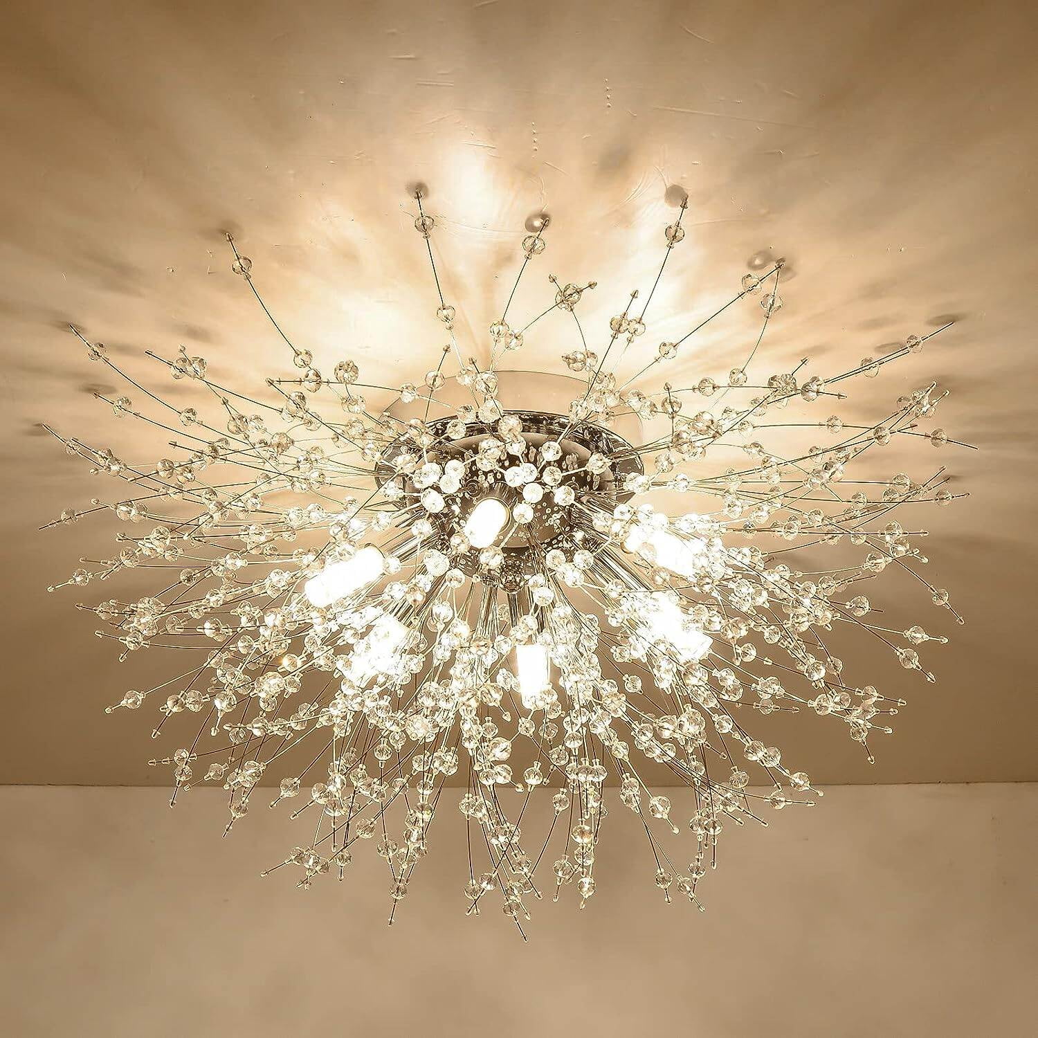 Modern Gold Crystal Sputnik Flush Mount Ceiling Light, LED Ceiling Lighting Fixtures for Bedroom Kitchen Island Hallway Entryway, Firework Close to Ceiling Lamp with 6 G9 Sockets