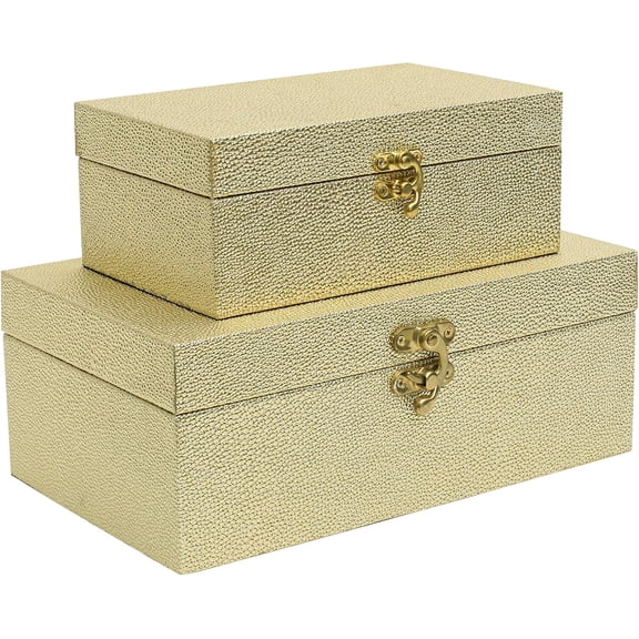Modern Gold Faux Shagreen Decorative Storage Boxes, Set of 2 Handcrafted Nesting Jewelry Organizers with Secure Metal Clasp & Velvet Lining for Vanity & Entryway