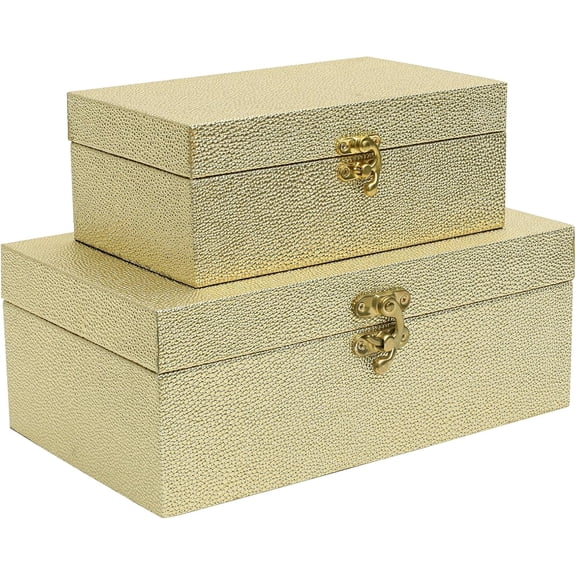 Gold Faux Shagreen Decorative Storage Boxes, Set of 2 Nesting Jewelry Organizer Boxes with Metal Clasp & Velvet Lining for Vanity, Entryway Decor