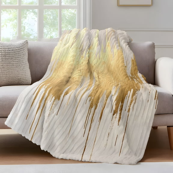 Modern Gold Fleece Throw Blanket for Couch, Abstract Minimalist Grunge Art Color Block Microfiber Flannel Blanket for All Season, Lightweight Soft Throw Blankets for Bed, Sofa, Travel, 50"x60"