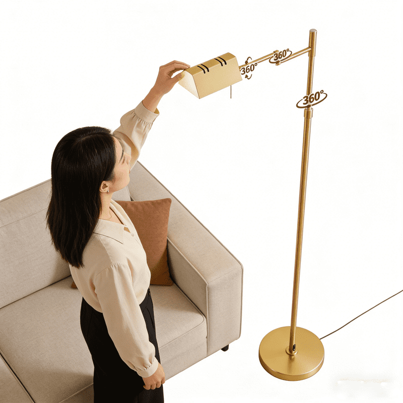 Modern Gold Floor Lamp with 360° Swing Arm, Dimmable LED Standing Lamp for Living Room, 3 Color Temperatures, Adjustable Height 47-55", All-Metal Design