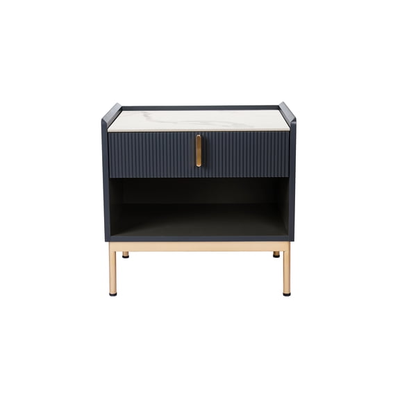 Modern Gold Frame End Table with White Stone Top, Nightstand with Drawer for Bedroom Living Room