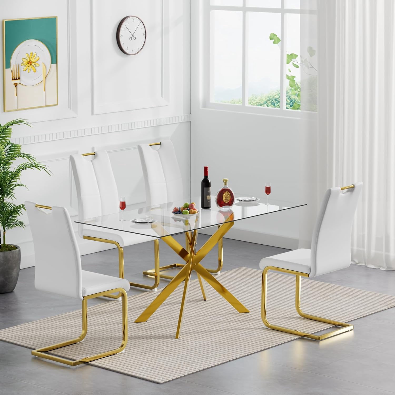 Modern Gold Glass Dining Table Set for 4 Luxury Rectangle Kitchen Table ...