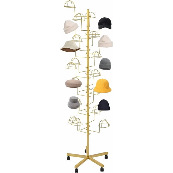Modern Gold Hat Rack Stand with 25 Circular Hooks Heavy Duty Carbon Steel Display Stand for Hats & Wigs, 5 Lockable Wheels, Floor Mount Storage for Home & Store