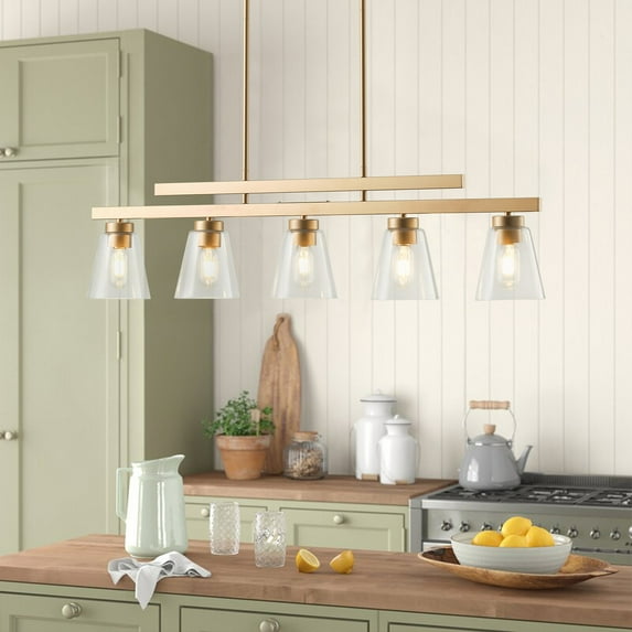 Modern Gold Kitchen Island Chandelier, 5-Light Farmhouse Linear Pendant Light Fixture