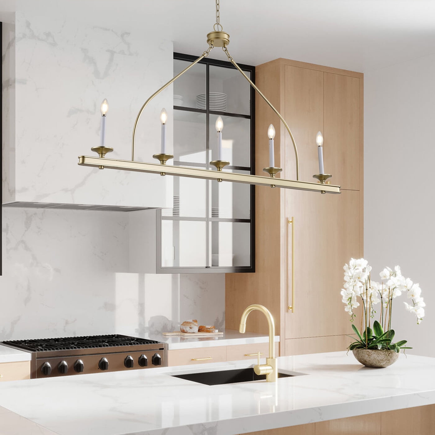Modern Gold Kitchen Island Chandelier, 5Light Farmhouse Linear Pendant