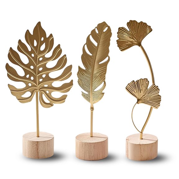 Modern Gold Metal Leaf Sculptures Set, Luxury Artistic Home Decor Statues, 3D Handmade Botanical Accents for Living Room Bedroom Office Shelf Decoration